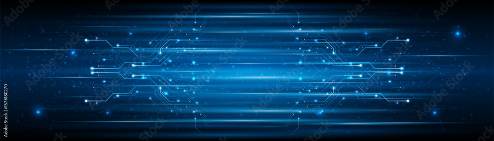 Aufkleber blue glowing lines with glitter light effect on dark background. high speed internet technology conc