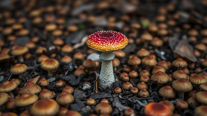 A fly agaric mushroom standing out among a cluster of smaller brown mushrooms on dark forest floor