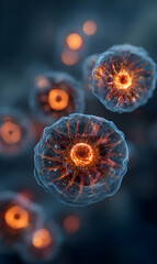 Microscopic cellular world with glowing elements showcasing life and energy for innovative biotech and scientific