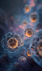 Microscopic cellular world showing organic structures with intricate details and vibrant light effect illuminating