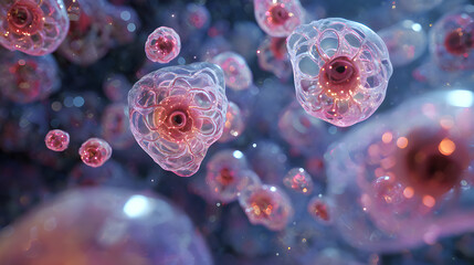 Abstract close up of microscopic cells showing science and medicine concept with luminous cellular structures and