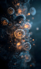 Intricate golden ringed jellyfish like forms drift in a blue ethereal expanse radiating light and otherworldly mystery