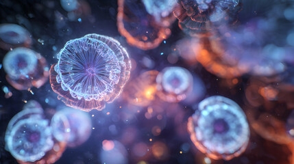 Dreamy jellyfish fractal pattern marine life aquatic ecosystem illuminated with vibrant orange and blue light for
