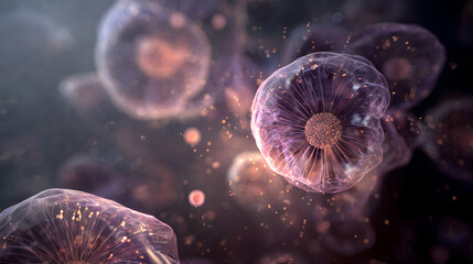 Intricate microscopic world of cellular structures with iridescent glow and fluid dynamic motion representing medical