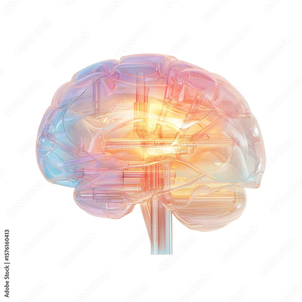 Poster abstract glass brain with glowing internal network isolated on transparent background