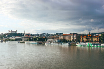 panorama of bratislava after storm clouds during day with castle on top 