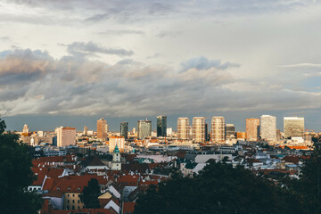 panorama of bratislava after storm clouds at sunset 