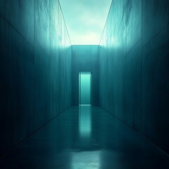Teal Corridor with Glass Door and Skylight