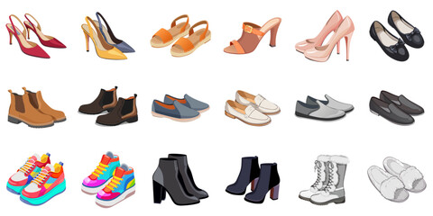 Set vector illustration of assorted women's footwear - high heels, boots, sneakers, sandals, and loafers. Fashion design, retail catalogs, e-commerce, seasonal campaigns, and style guides.