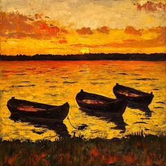 Three Boats at Sunset: Oil Painting