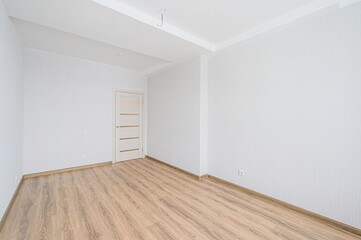 bright, empty room with white walls, a light wood floor, and a door with horizontal panels