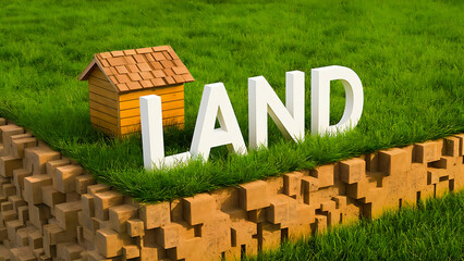 3d Land Sign Against Lawn on Cubicle Soil and Geol, Land for Sale Sign Against Lawn on Cubicle Soil and Geology Cross Section with Green Gras, Real Estate Sale. Property Investment Concept.