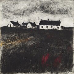 Three Houses and Field Landscape in Grayscale