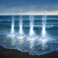 Three Luminous Water Spouts at Ocean Shoreline