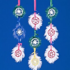 Three Strands of Crocheted Dream Catchers with Feathers