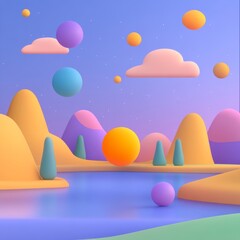 Three-Dimensional Render of Abstract Landscape with Floating Spheres