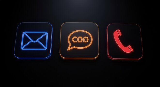 Three glowing icons representing email chat and phone on a black background in a row design