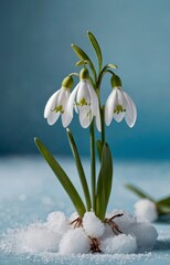 Fototapeta premium Single snowdrop flower on light blue, blending fresh beginnings with soft, airy elegance.