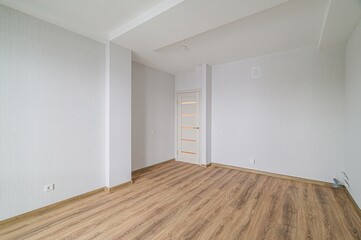 bright, empty room with wood-like flooring, white walls, and a white door with horizontal glass panes, creating a clean and minimalist aesthetic