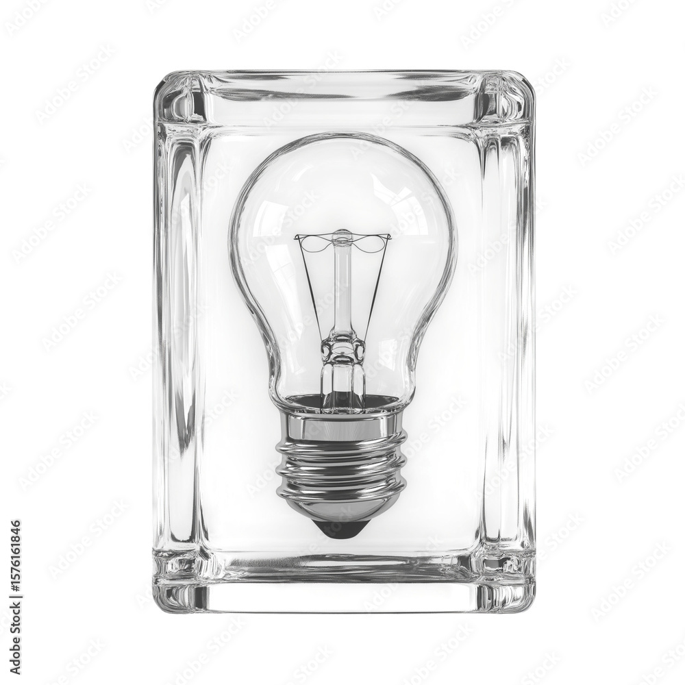 Poster clear glass cube encasing a light bulb isolated on transparent background