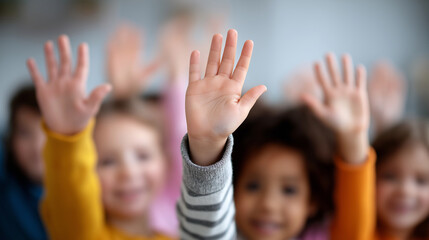 Happy Children’s Hands Reaching Out in Bright Light – Symbol of Togetherness, Learning, and Play, children hands, diverse kids, childhood unity, raised hands, white background,
youth diversity, kids 