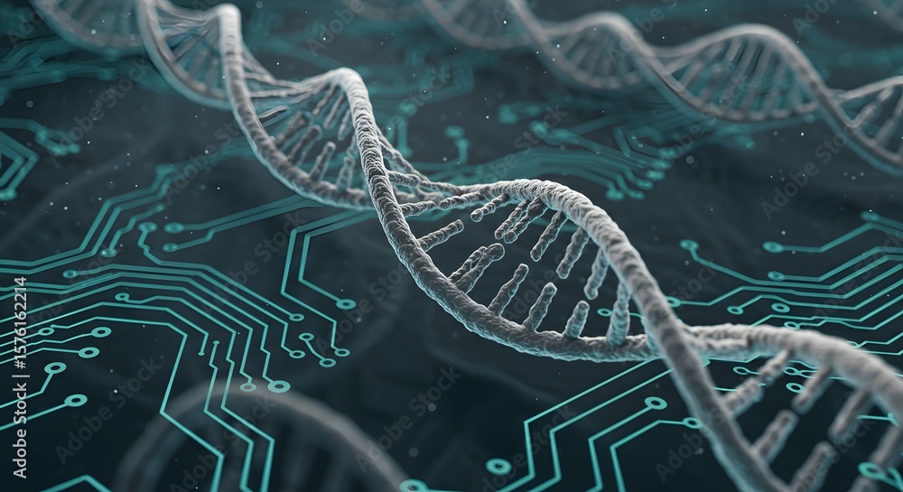Poster abstract dna double helix strands over a circuit board pattern, representing technology and genetic 