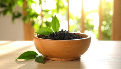 Wooden bowl of loose black tea with fresh leaves