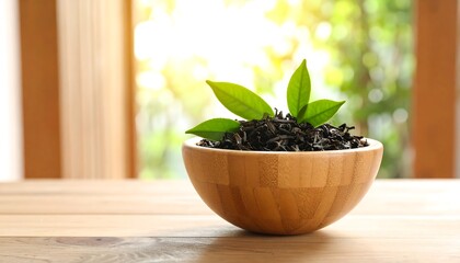 Wooden bowl of tea leaves with fresh leaves