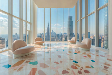 A panoramic view of the city skyline is visible through the large windows, highlighting the urban beauty and contemporary style.