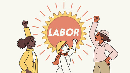 Diverse group of women raising fists in solidarity with the word labor isolated on white background
