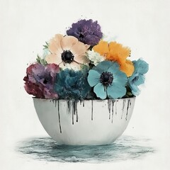 Watercolor Painting of Anemones in a Bowl with Drips