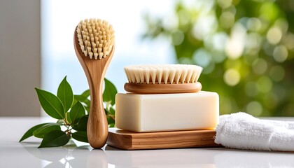 Wooden brushes, soap, and towel on a surface, natural theme