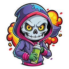Cartoon Skull Wearing Hoodie Holding Spray T Shirt Design