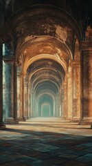 Obraz premium Long Archway Corridor with Stone Pillars and Distant Light
