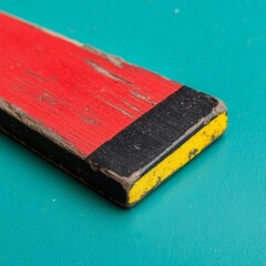 Weathered Wooden Object with Red, Black, and Yellow Paint
