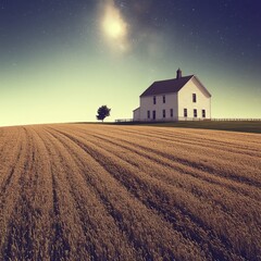 White Farmhouse in Wheat Field at Twilight