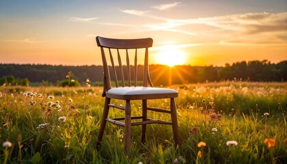 Wooden chair in a field at sunset