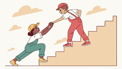 Two diverse children helping each other climb stairs isolated on white background