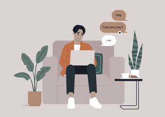Engaging online conversation on a cozy  armchair with vibrant plants and warm ambiance during an afternoon study session