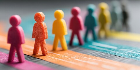 Talent Pipeline Flow: Confident candidates moving through colorful interview stages on corporate pathway board
