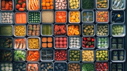 Fototapeta premium A large set of pickled and canned foods on the background. Metal cans with canned vegetables, beans, fish, seafood and fruit. Top view.