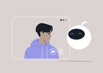 A user in a hoodie engages with a friendly robot consultant through a virtual video call, illustrating the seamless integration of technology in everyday problem-solving and support