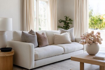 A modern living room interior featuring a comfortable sofa, stylish furniture, and ample natural light from a large window