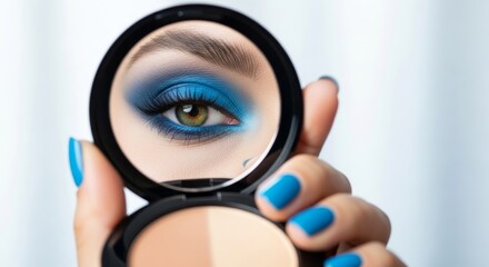 Blue eyeshadow reflected in a makeup compact mirror held up