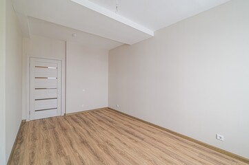 bright, empty room with wood-patterned flooring, light beige walls, and a white door with horizontal accents. A clean, minimalist space