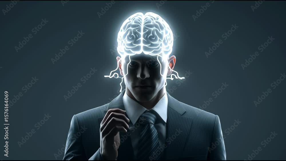 Aufkleber a man in a suit is standing in front of a brain with a light on it
