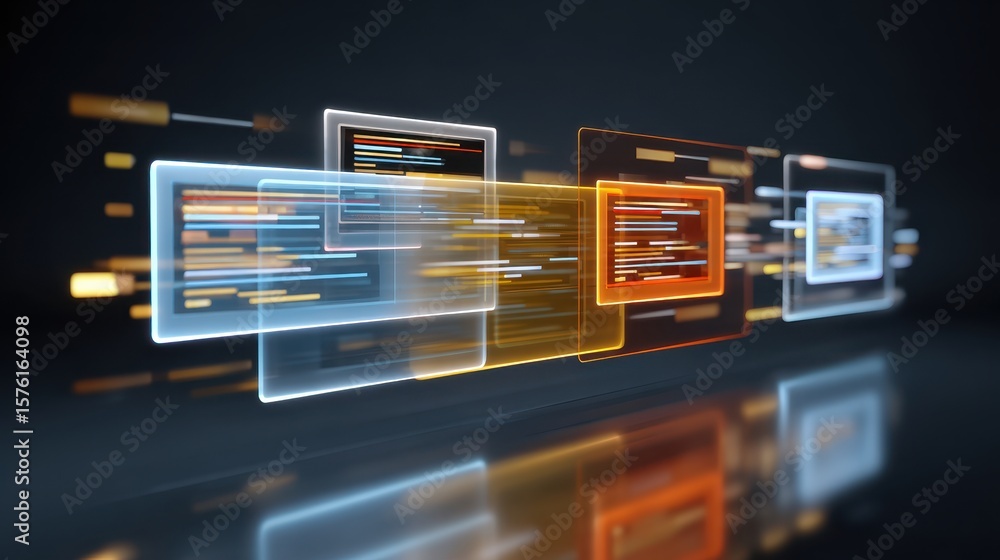 Poster dynamic digital interface with flowing data streams and layered panels, representing technology and 