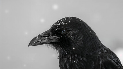 Obraz premium Black raven posing under gentle snowfall in monochrome