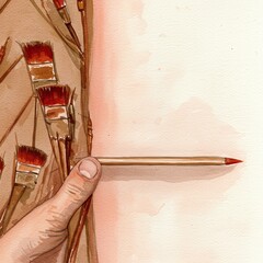Hand holding paintbrush poised over a blank paper canvas with artist brushes