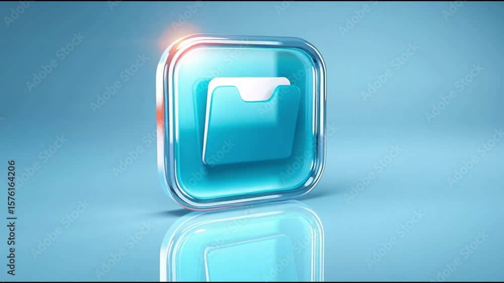 Poster blue folder icon with glassy rounded square shape and soft reflection smooth surface, digital storag